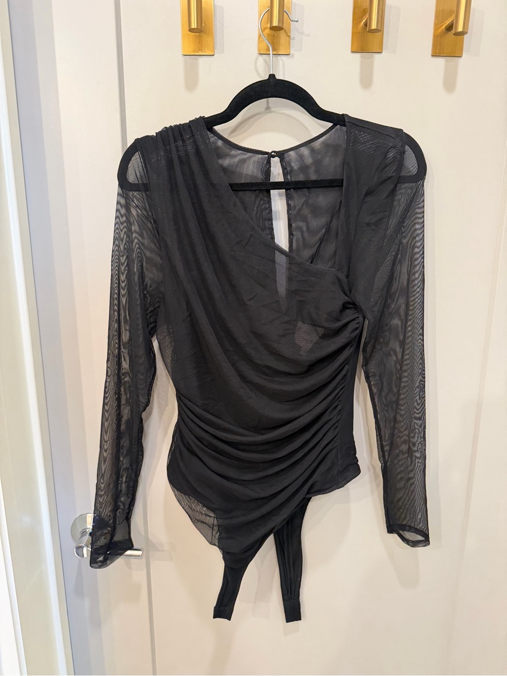 cinq a sept Black Sheer Ruched Long-Sleeve Bodysuit